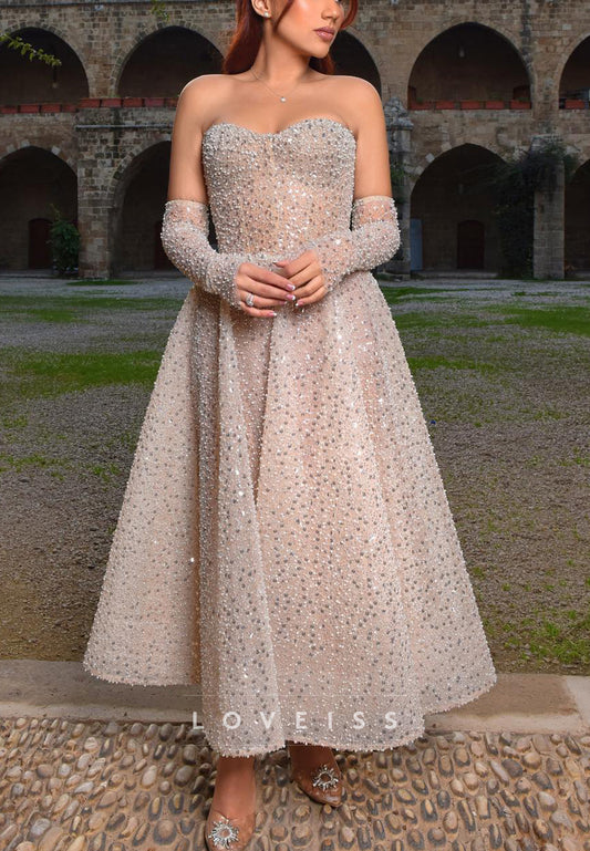 Sweetheart Strapless Beaded Embroidery A-Line Midi Wedding Dress