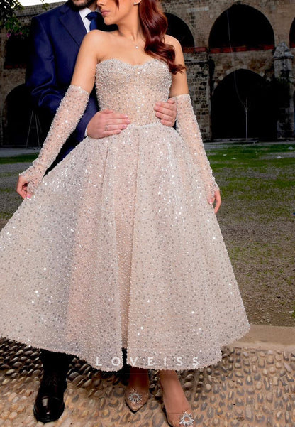 Sweetheart Strapless Beaded Embroidery A-Line Midi Wedding Dress
