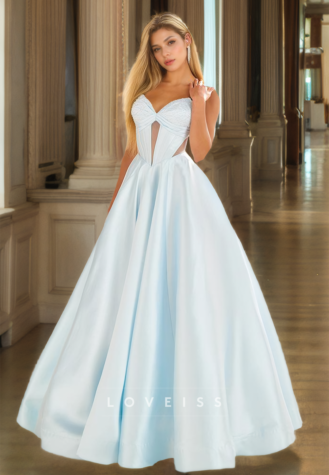 Sweetheart Strapless Beaded Illusion Pleated Satin A-Line Prom Dress