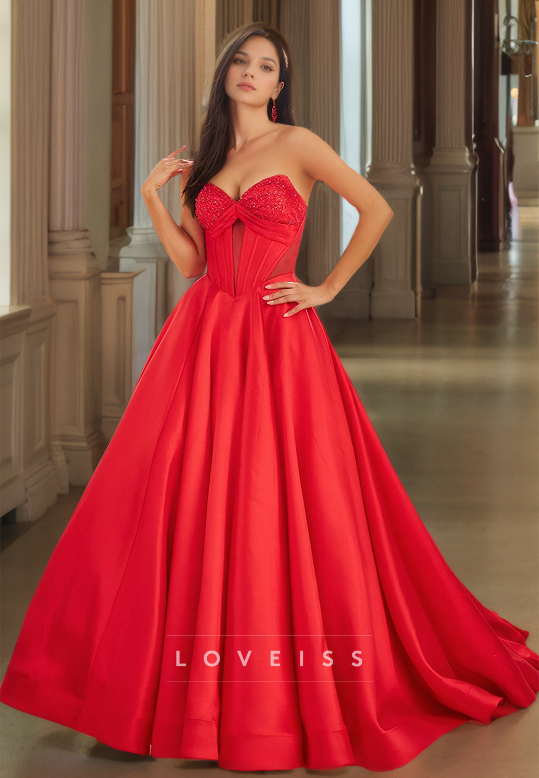 Sweetheart Strapless Beaded Illusion Pleated Satin A-Line Prom Dress