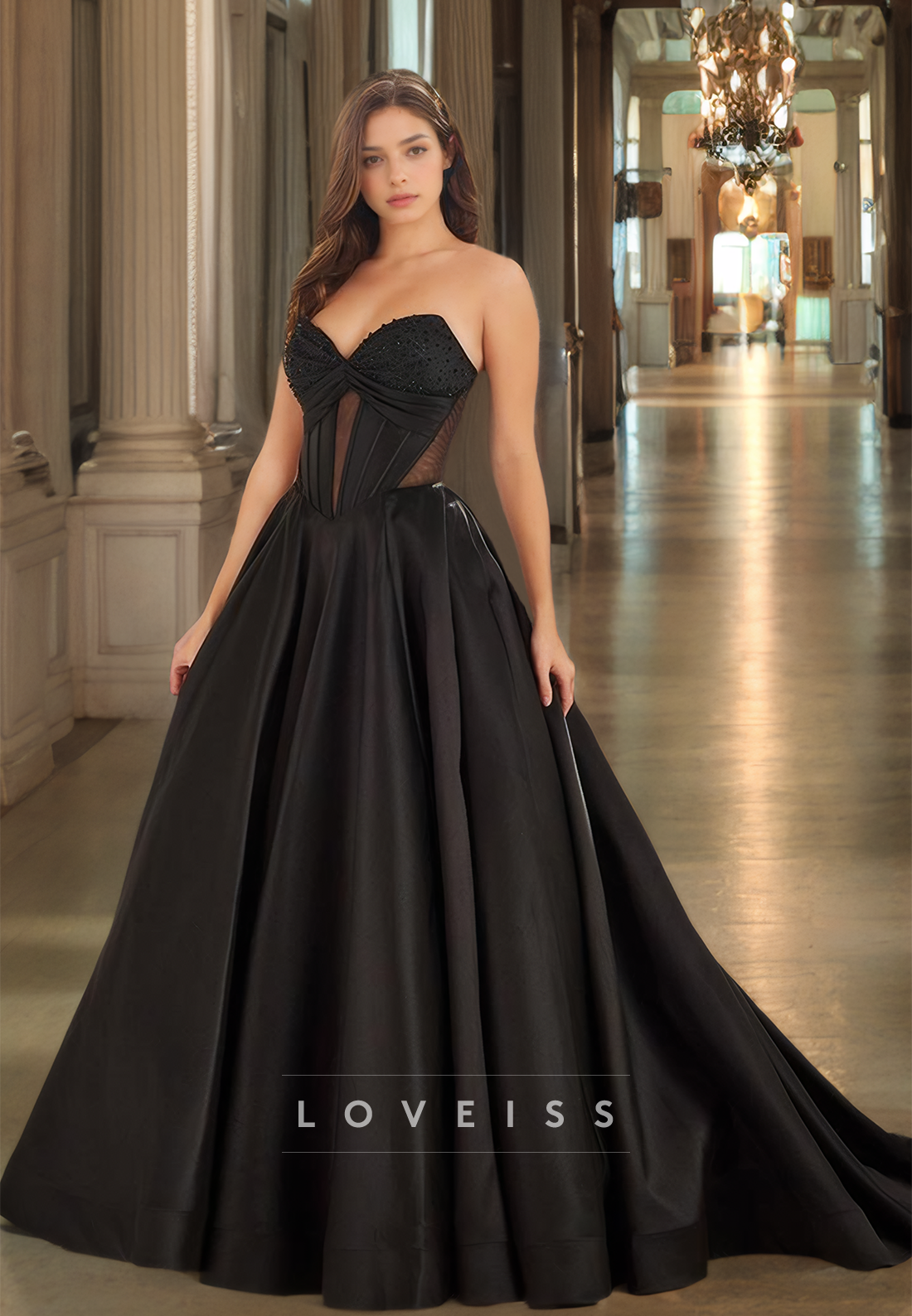 Sweetheart Strapless Beaded Illusion Pleated Satin A-Line Prom Dress