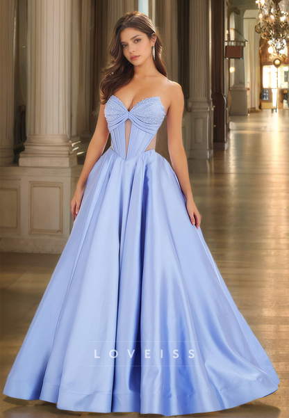 Sweetheart Strapless Beaded Illusion Pleated Satin A-Line Prom Dress