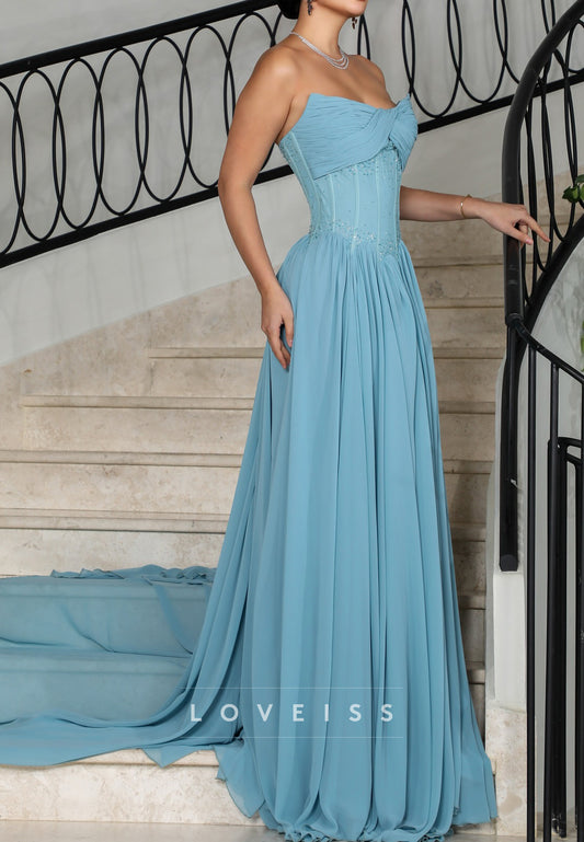 Sweetheart Strapless Beaded Pleated Chiffon A-Line Prom Dress