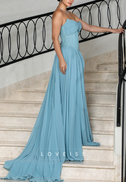 Sweetheart Strapless Beaded Pleated Chiffon A-Line Prom Dress