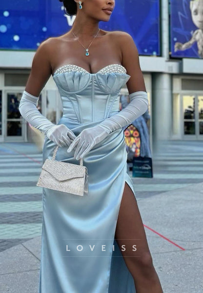 Sweetheart Strapless Beaded Pleated Sheath Prom Dress
