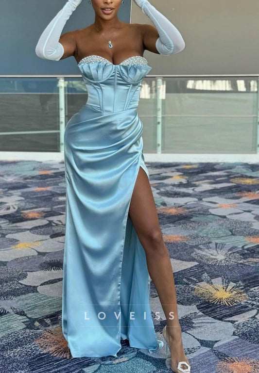 Sweetheart Strapless Beaded Pleated Sheath Prom Dress
