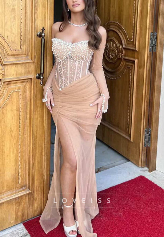 Sweetheart Strapless Beaded Pleated Sheath Prom Dress