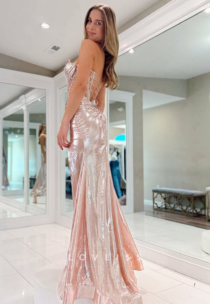 Sweetheart Strapless Beaded Pleated Sparkly Prom Dress
