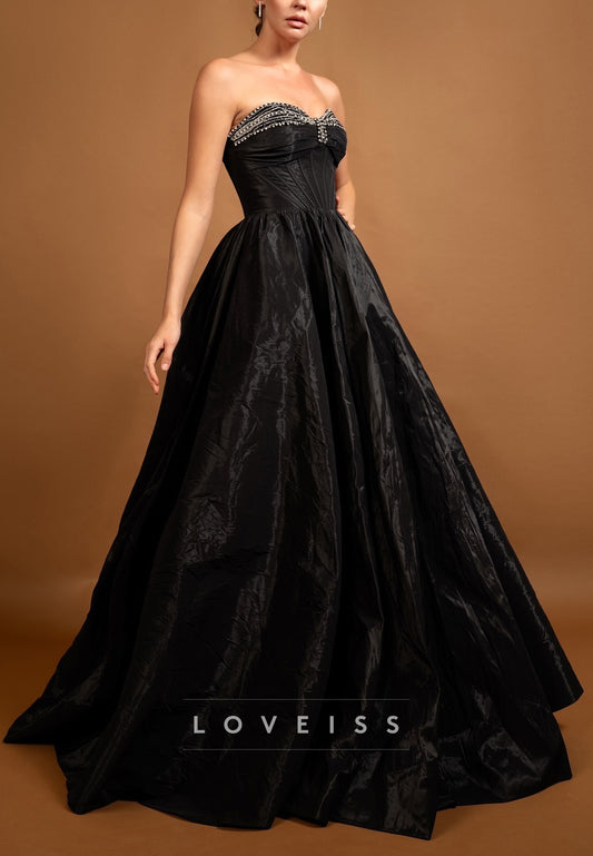 Sweetheart Strapless Beading Pleated A-Line Black Prom Dress