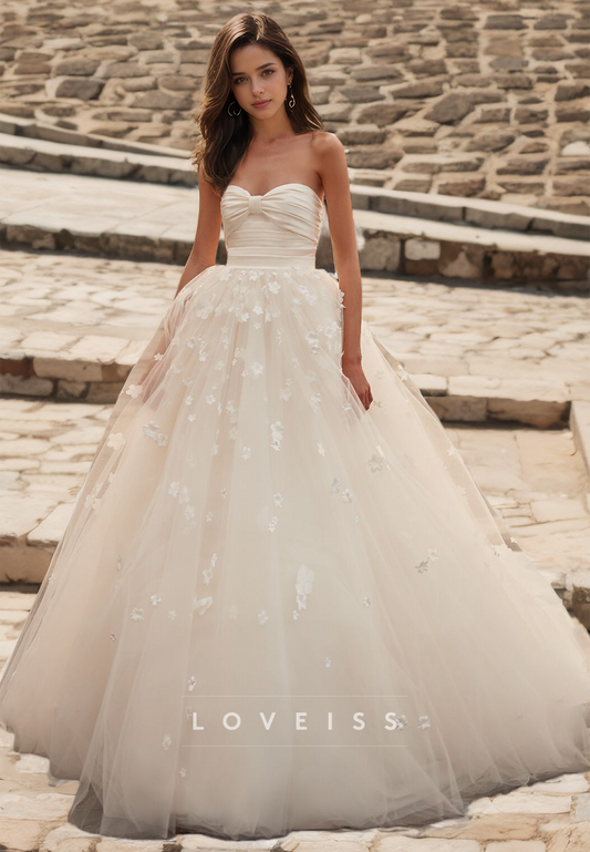 Sweetheart Strapless Floral Embellished Tulle Ball Gown Wedding Dress