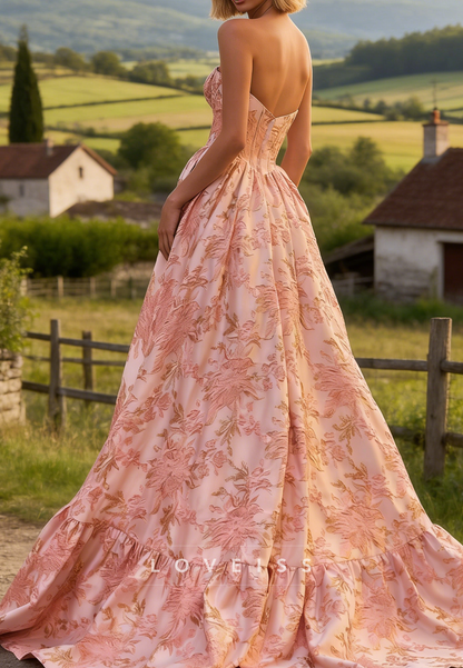 Sweetheart Strapless Floral Printed A-Line Prom Dress