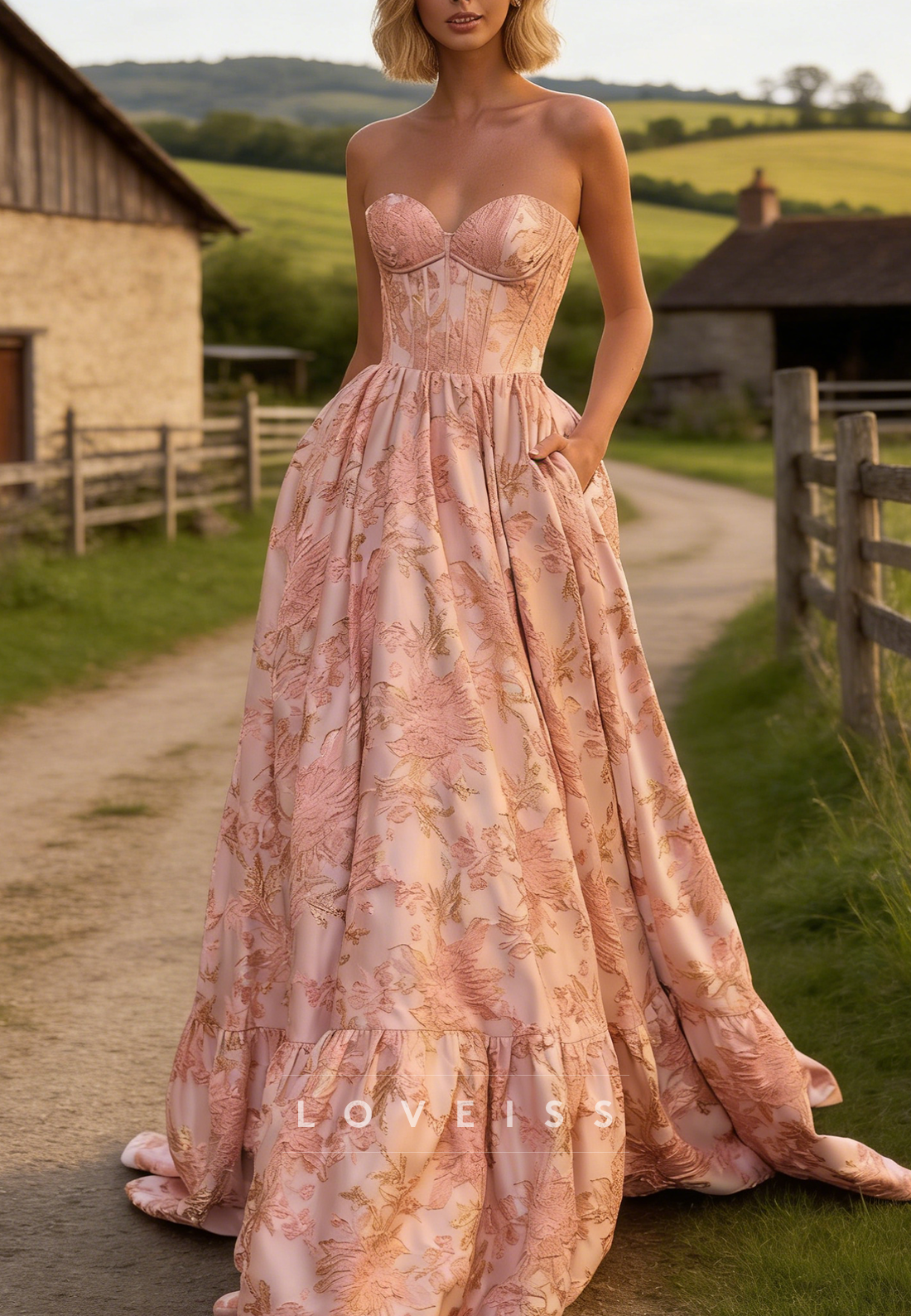 Sweetheart Strapless Floral Printed A-Line Prom Dress