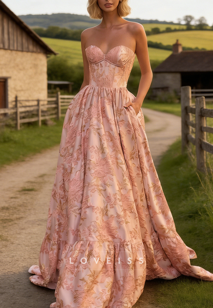 Sweetheart Strapless Floral Printed A-Line Prom Dress