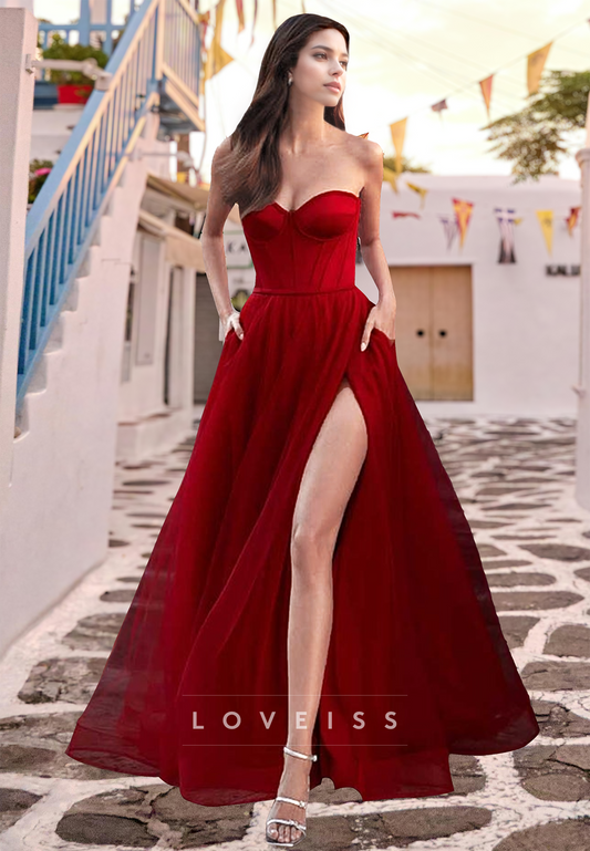 Sweetheart Strapless High Slit Pleated A-Line Prom Dress