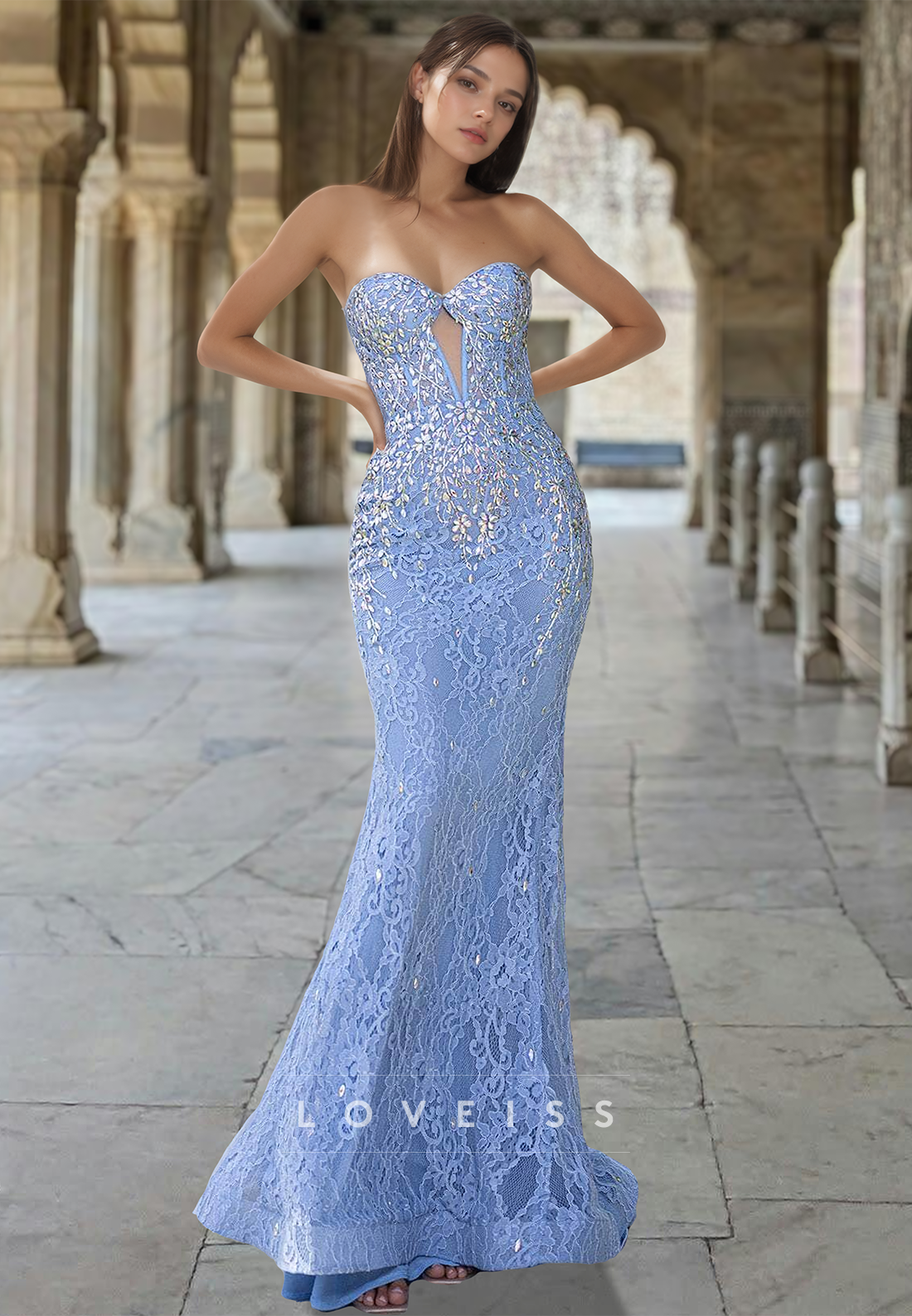 Sweetheart Strapless Illusion Lace Appliques Mermaid Prom Dress