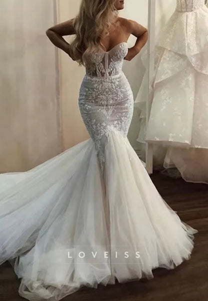 Sweetheart Strapless Lacce Appliques Tulle Mermaid Wedding Dress