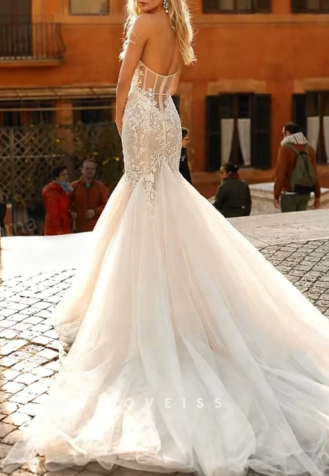 Sweetheart Strapless Lacce Appliques Tulle Mermaid Wedding Dress