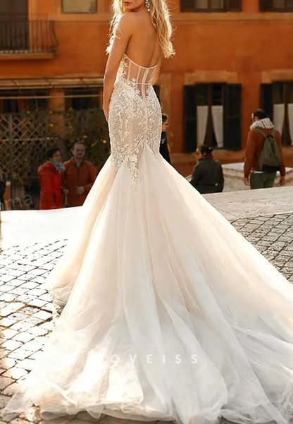 Sweetheart Strapless Lacce Appliques Tulle Mermaid Wedding Dress