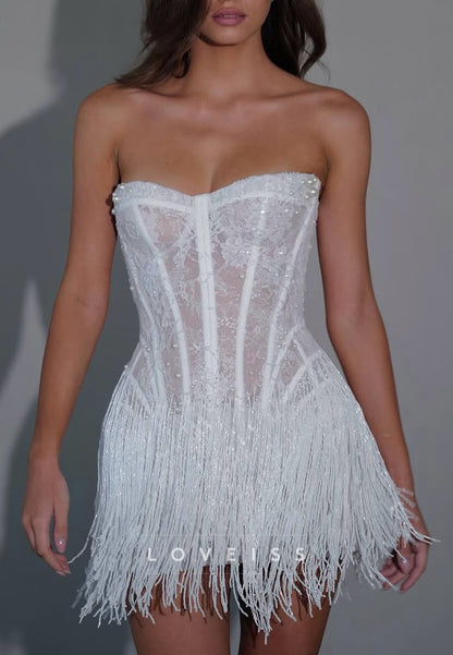 Sweetheart Strapless Lace Appliques Beaded Fringe A-Line Short Wedding Dress