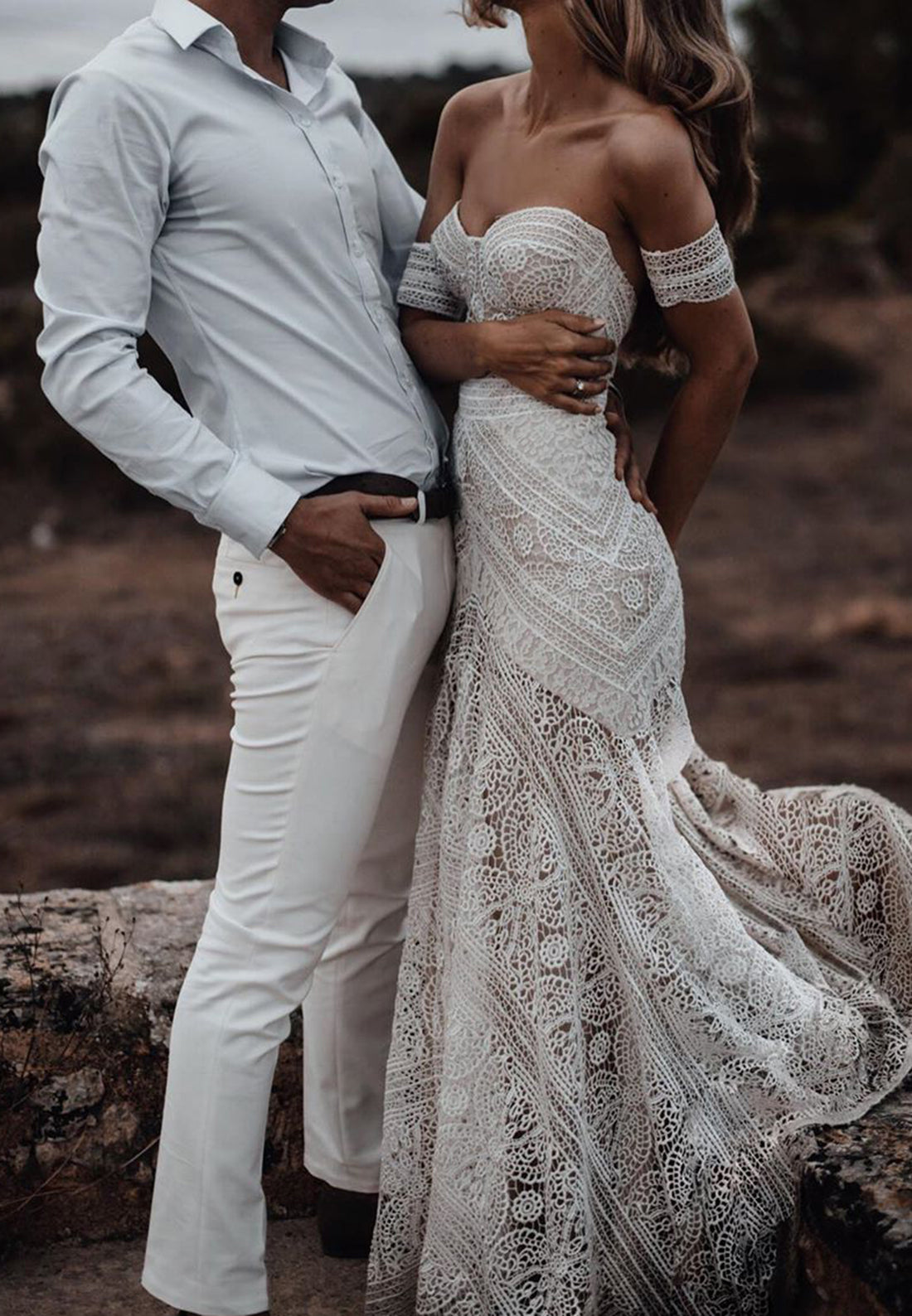Sweetheart Strapless Lace Appliques Mermaid Boho Wedding Dress