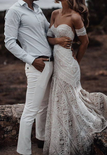 Sweetheart Strapless Lace Appliques Mermaid Boho Wedding Dress