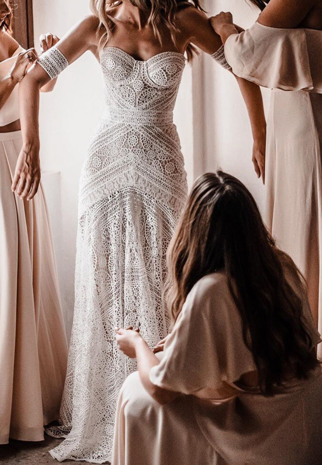 Sweetheart Strapless Lace Appliques Mermaid Boho Wedding Dress