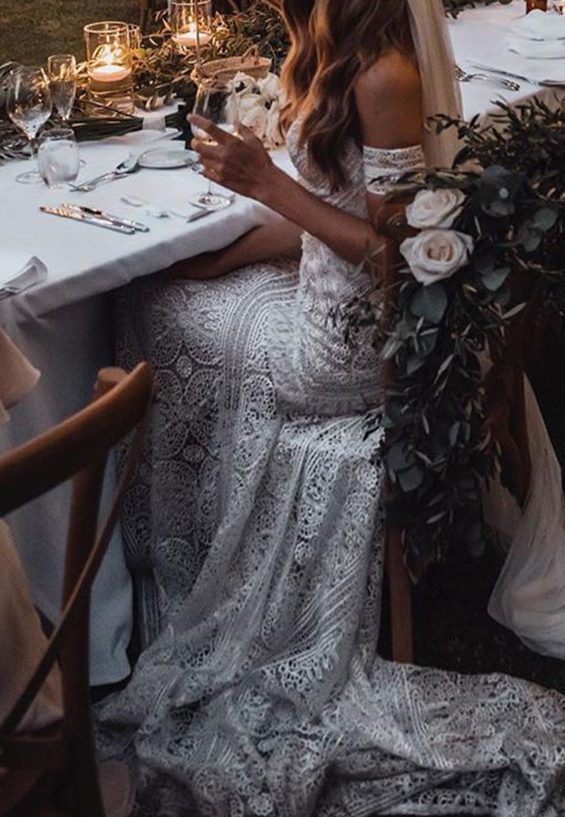 Sweetheart Strapless Lace Appliques Mermaid Boho Wedding Dress
