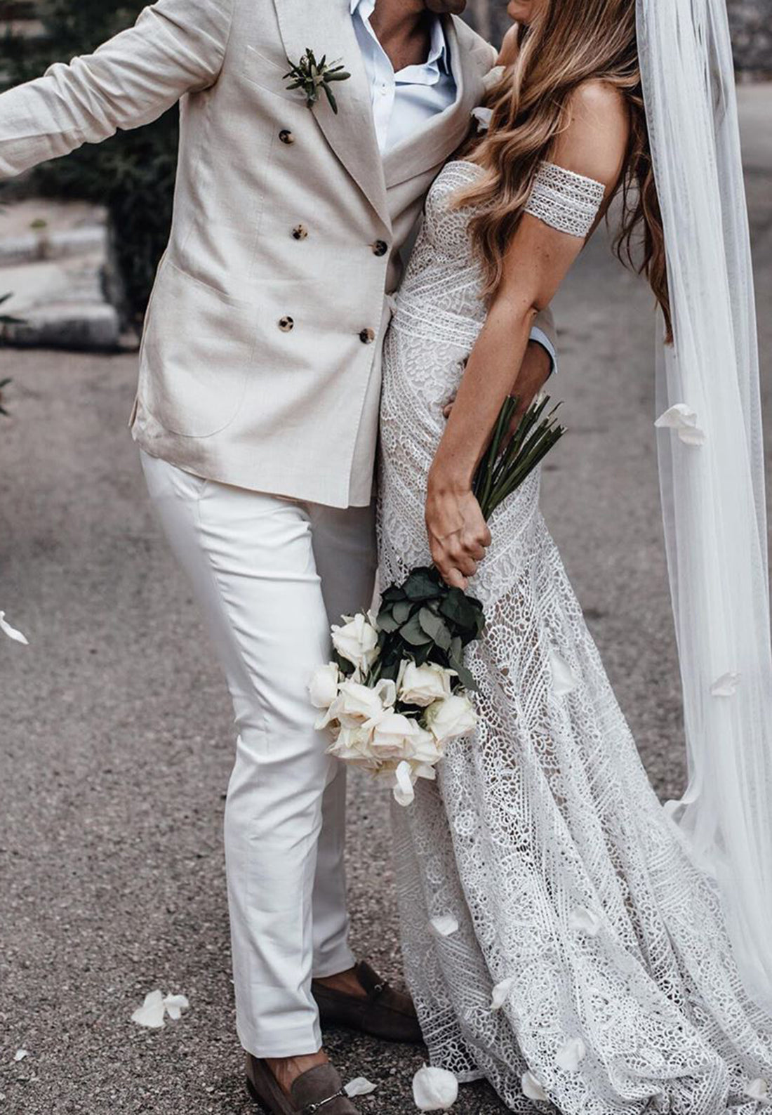 Sweetheart Strapless Lace Appliques Mermaid Boho Wedding Dress