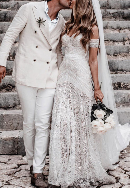 Sweetheart Strapless Lace Appliques Mermaid Boho Wedding Dress
