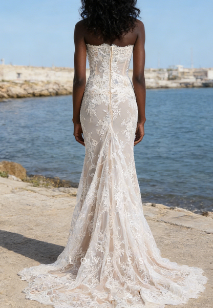 Sweetheart Strapless Lace Appliques Mermaid Wedding Dress