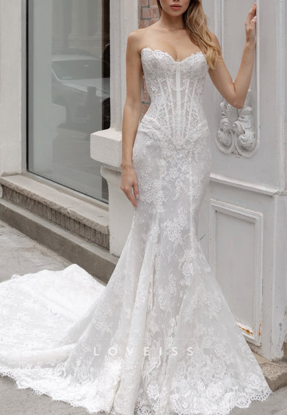 Sweetheart Strapless Lace Appliques Mermaid Wedding Dress