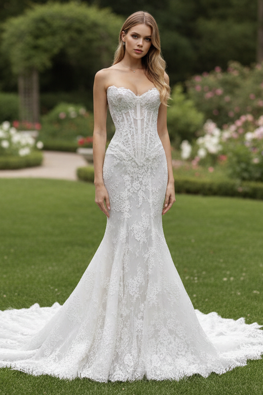 Sweetheart Strapless Lace Appliques Mermaid Wedding Dress