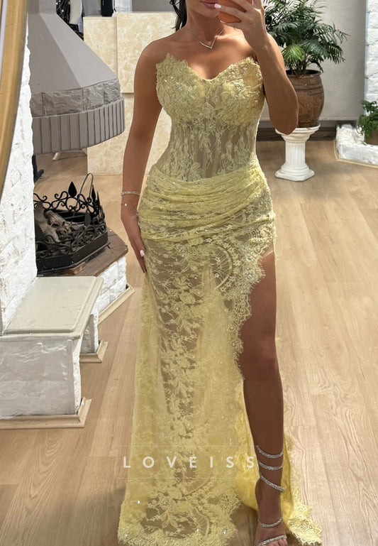 Sweetheart Strapless Lace Appliques Pleated Sheath Prom Dress