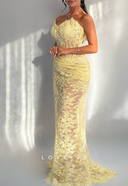 Sweetheart Strapless Lace Appliques Pleated Sheath Prom Dress