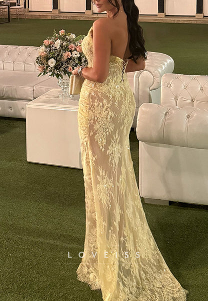 Sweetheart Strapless Lace Appliques Pleated Sheath Prom Dress