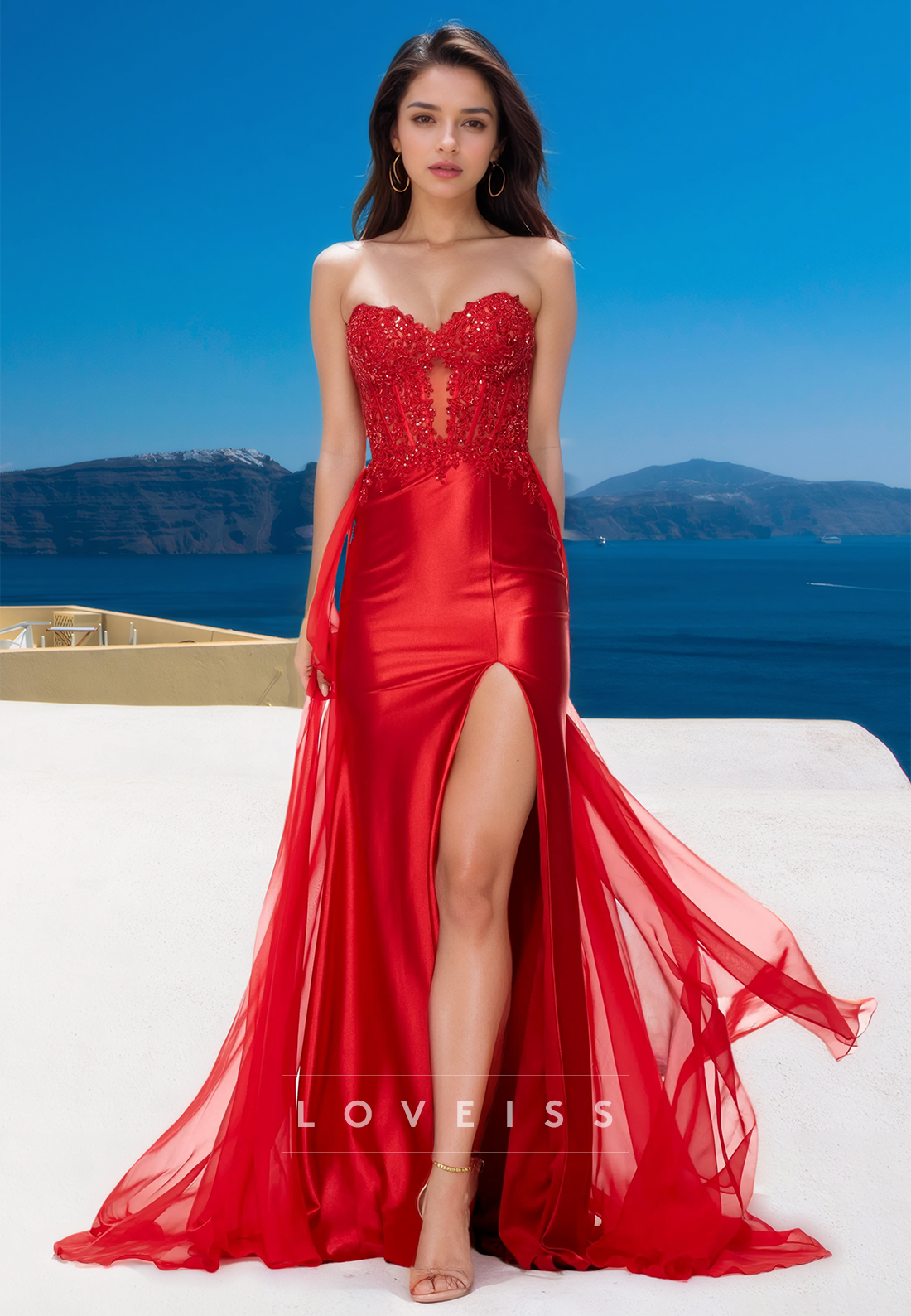 Sweetheart Strapless Lace Appliques Side Slit Sheath Prom Dress