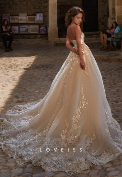 Sweetheart Strapless Lace Appliques Tulle Ball Gown Wedding Dress