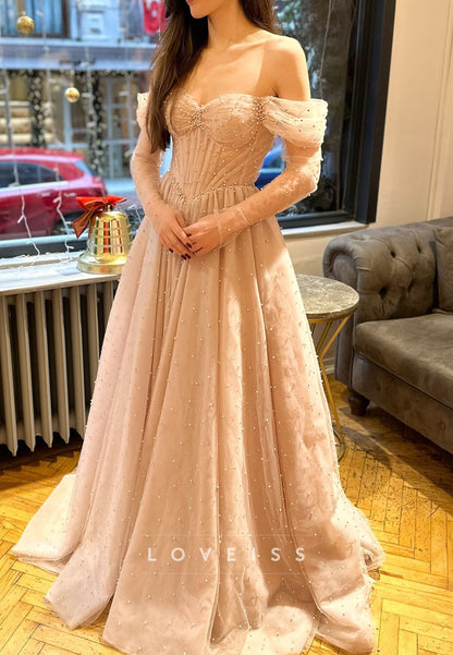 Sweetheart Long Sleeves Strapless Pearl A-Line Prom Dress