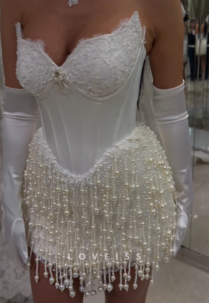 Sweetheart Strapless Pearl Beaded Fringe Sheath Short Wedding Dress