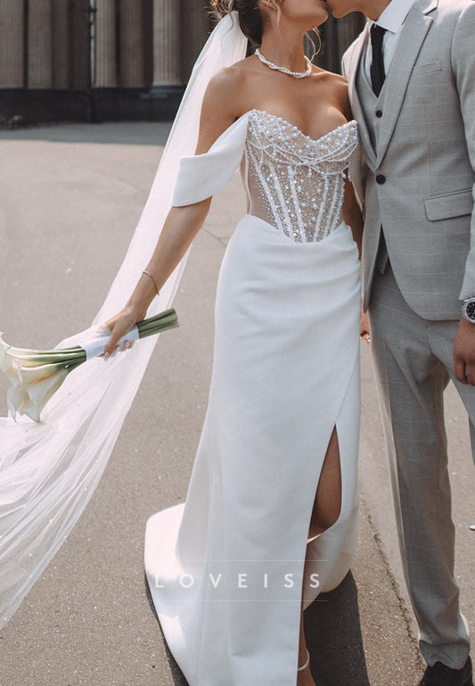 Sweetheart Strapless Pearl Sequins Sheath Beach Wedding Dress