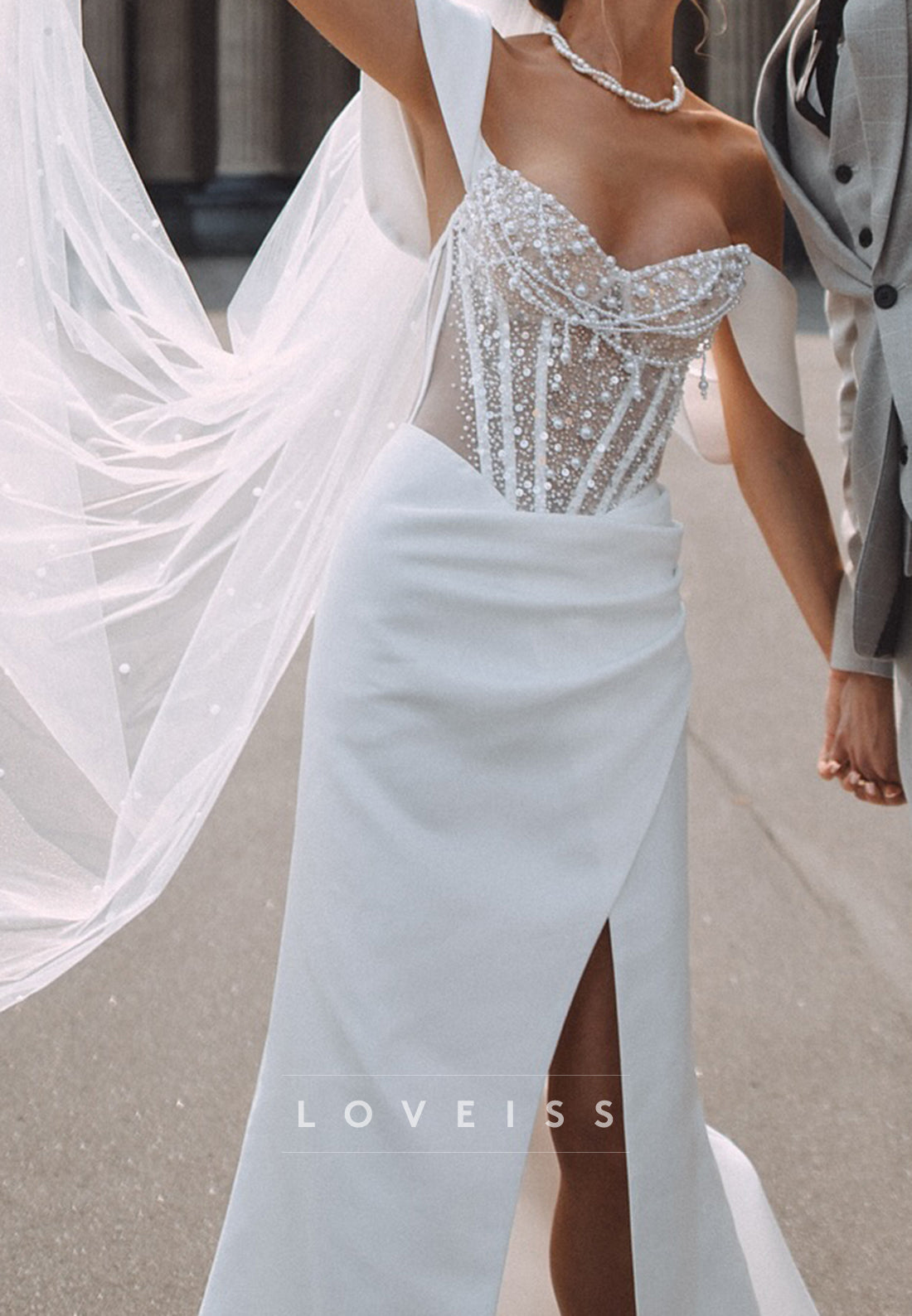 Sweetheart Strapless Pearl Sequins Sheath Beach Wedding Dress