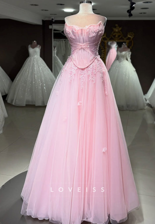 Sweetheart Strapless Pleated Appliques Corset A-Line Prom Dress