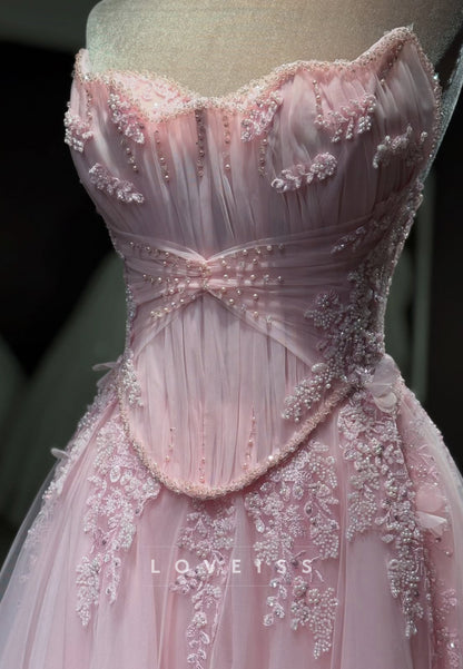 Sweetheart Strapless Pleated Appliques Corset A-Line Prom Dress