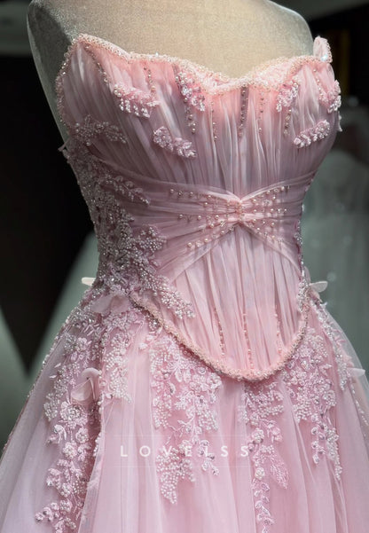 Sweetheart Strapless Pleated Appliques Corset A-Line Prom Dress