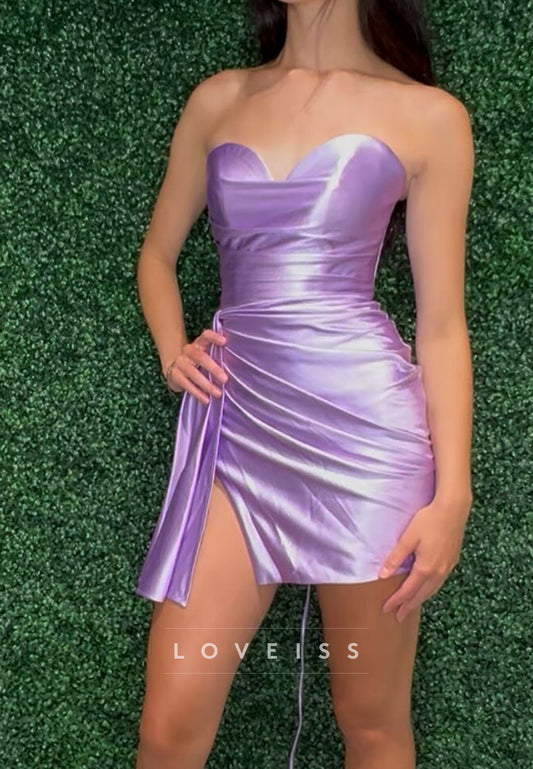 Sweetheart Strapless Pleated Slit Sheath Party Homecoming Dress