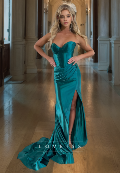 Sweetheart Strapless Ruched High Slit Mermaid Prom Dress