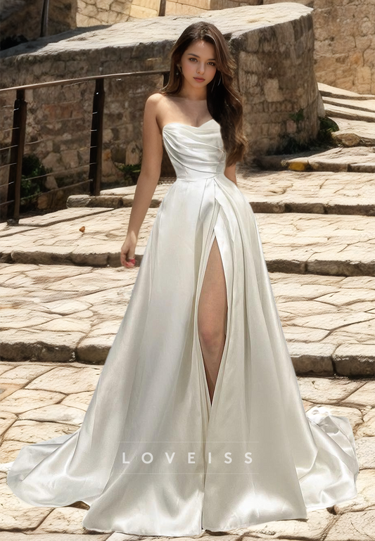 Sweetheart Strapless Ruched Pleated Sleek Satin A-Line Wedding Dress