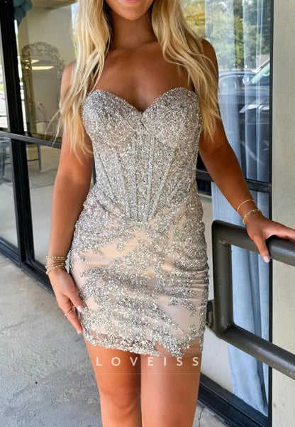 Sweetheart Strapless Sequins Appliques Sheath Party Homecoming Dress