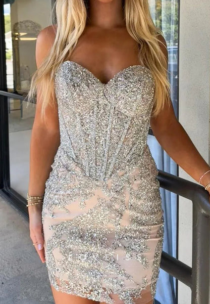 Sweetheart Strapless Sequins Appliques Sheath Party Homecoming Dress