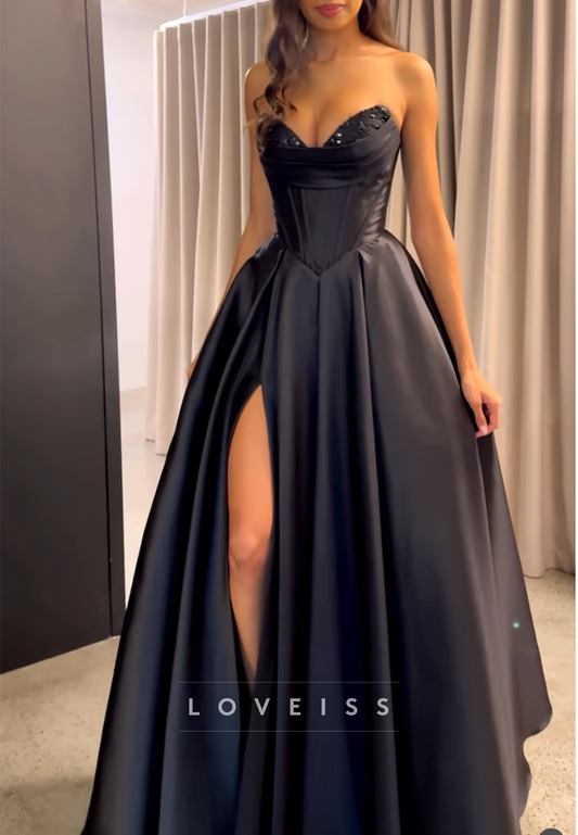 Sweetheart Strapless Side Slit Satin A-Line Prom Dress